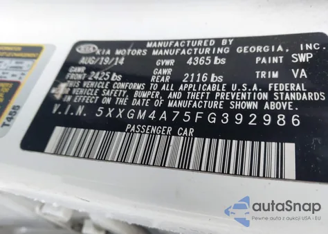 2015 Kia Optima Lx from USA, damaged, VIN 5XXGM4A75FG392986